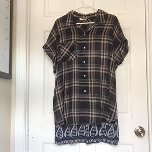 Bohemian oversized tunic blouse, blue plaid front and floral drapey back, sz 2XL